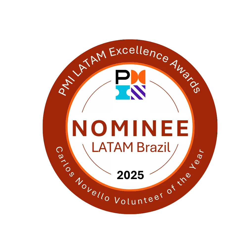 PMI LATAM Excellence Awards 2025 nominee badge — “Carlos Novello” Volunteer of the Year · LATAM Brasil